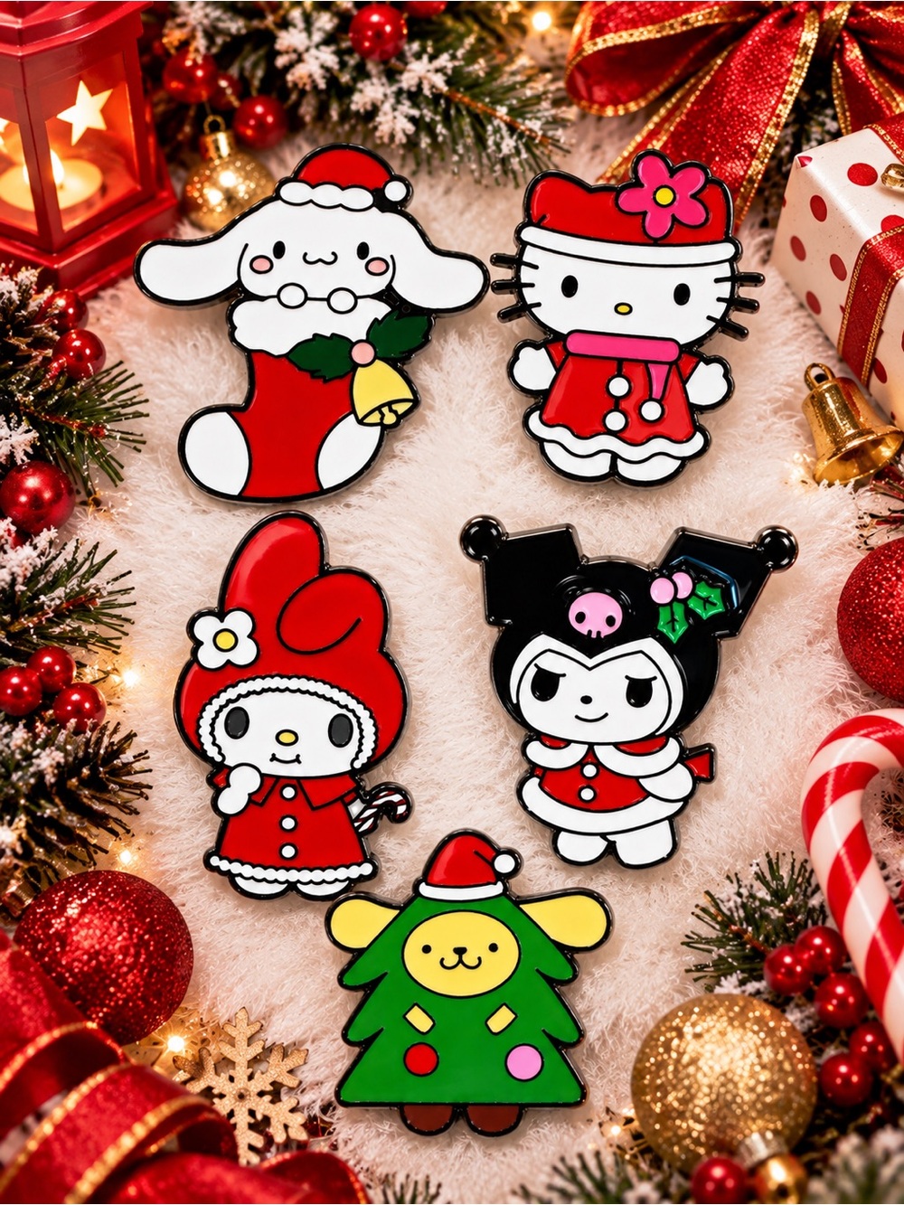 Hello Kitty & Friends Christmas Enamel Brooch Pin Set of 5 Holiday.NWT